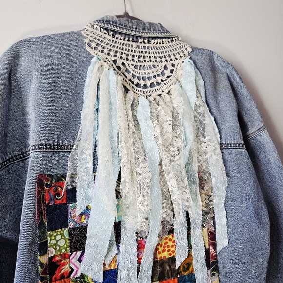 Upcycled Boho Patchwork Jean Jacket Size L Fringed Lace Handmade Eclectic - Picture 5 of 8